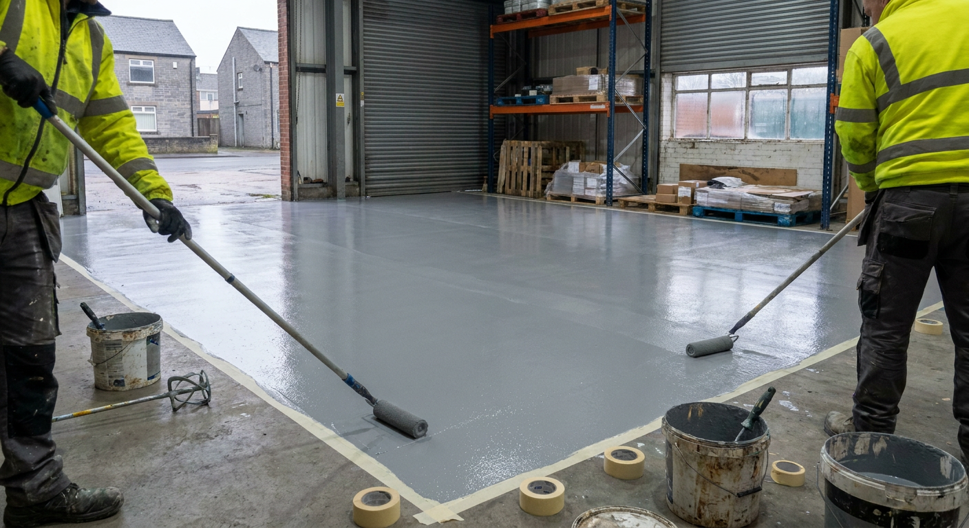 Two workers in hi-vis applying grey resin flooring in a unit with houses visible outside.