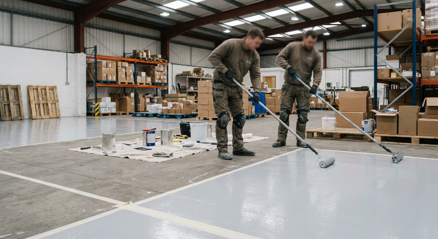 Two workers applying grey epoxy resin coating to a warehouse floor.