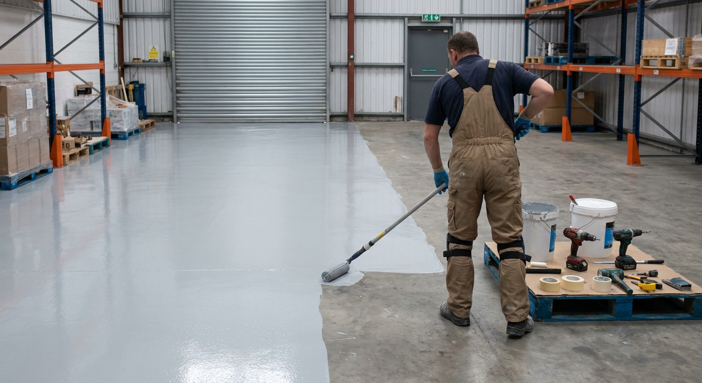 A worker rolling resin coating onto a warehouse floor beside stacked tools.